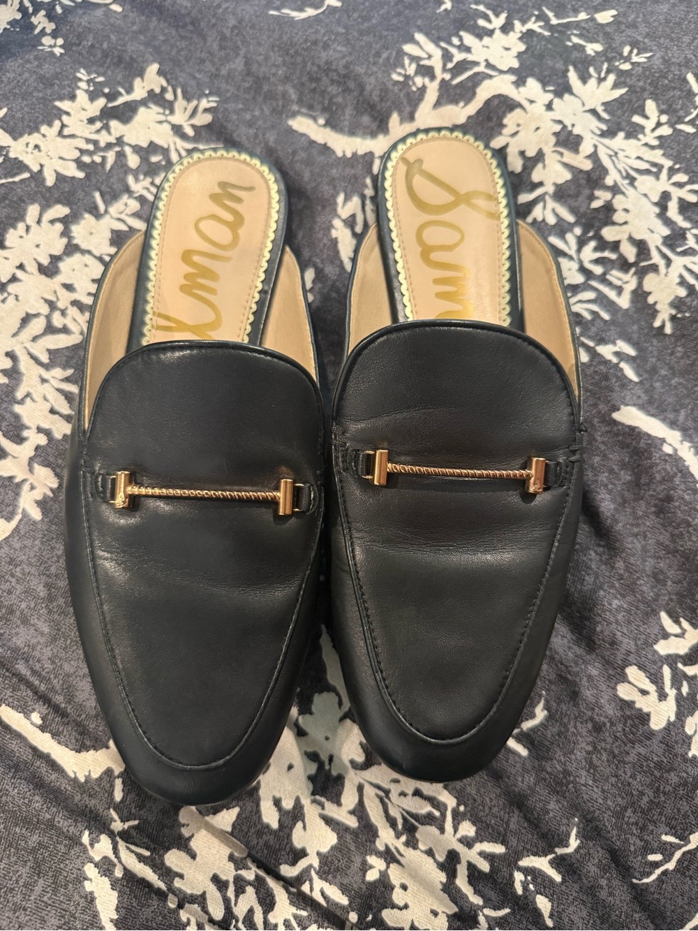 Sam Edelman Black Leather Slip-On Mule Loafers with Gold Accent